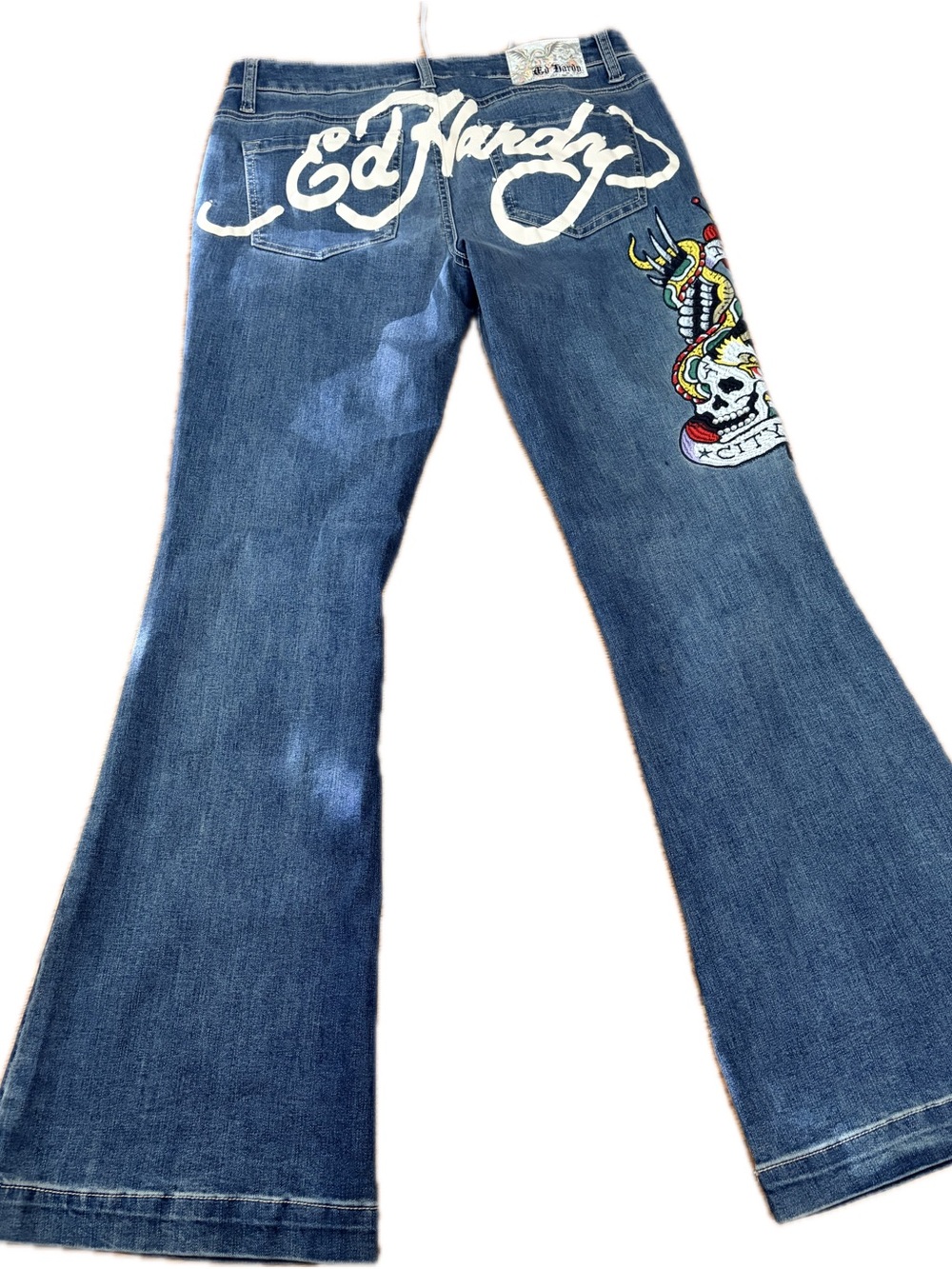 Ed Hardy Custom Crystal Embellished Flare Jeans Y2K Tattoo Skull Denim